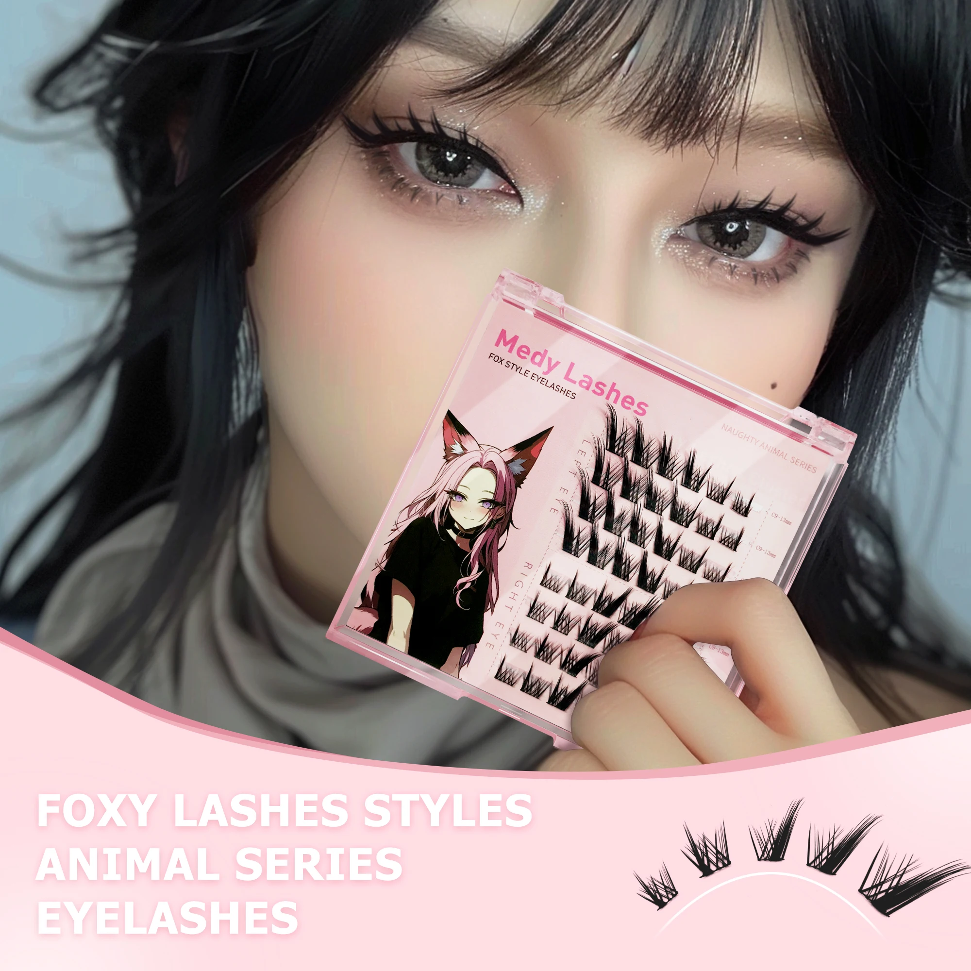 Cílios Postiços Segmentados, Simulação Natural, Grosso, Conjunto Único, Cílios de fadas cômica, Série Fox Eye Lashes