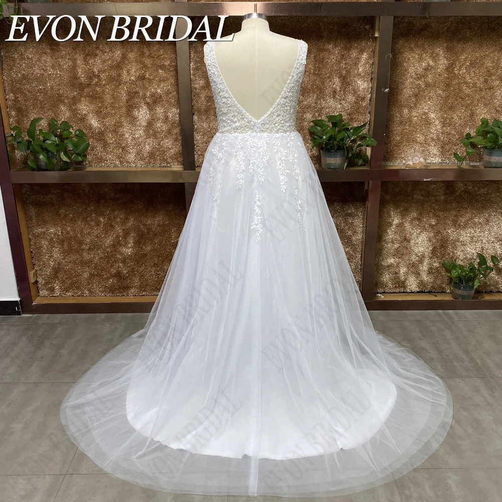 EVON BRIDAL Real Picture Wedding Dresses V-Neck Lace Pearl robe de mariée bohème Tulle A-Line Bride Gowns Backless Custom Made