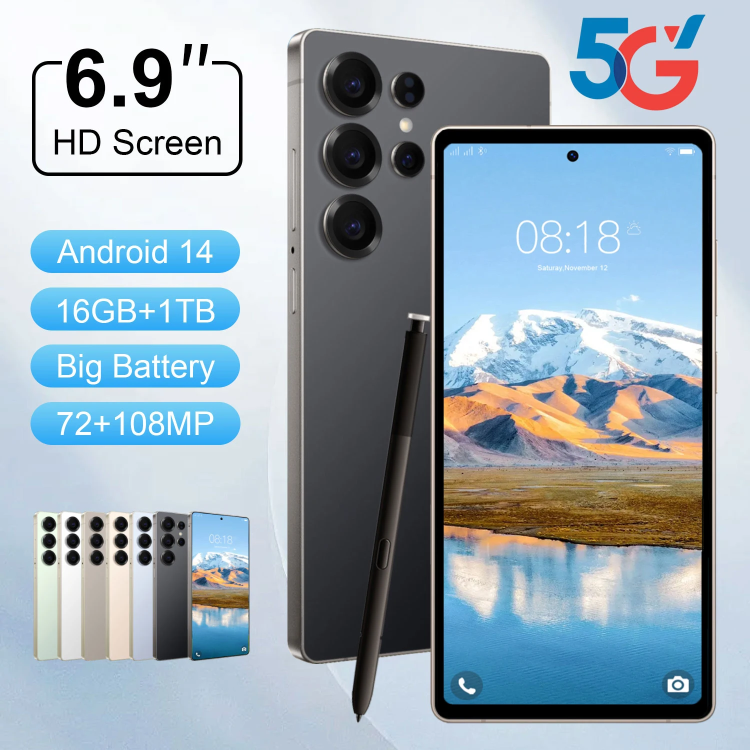 Téléphone Android 5G Version mondiale 2025, 6.9 pouces, 16 go + 1 to, 72mp, 108mp, Android 14, double SIM, double veille