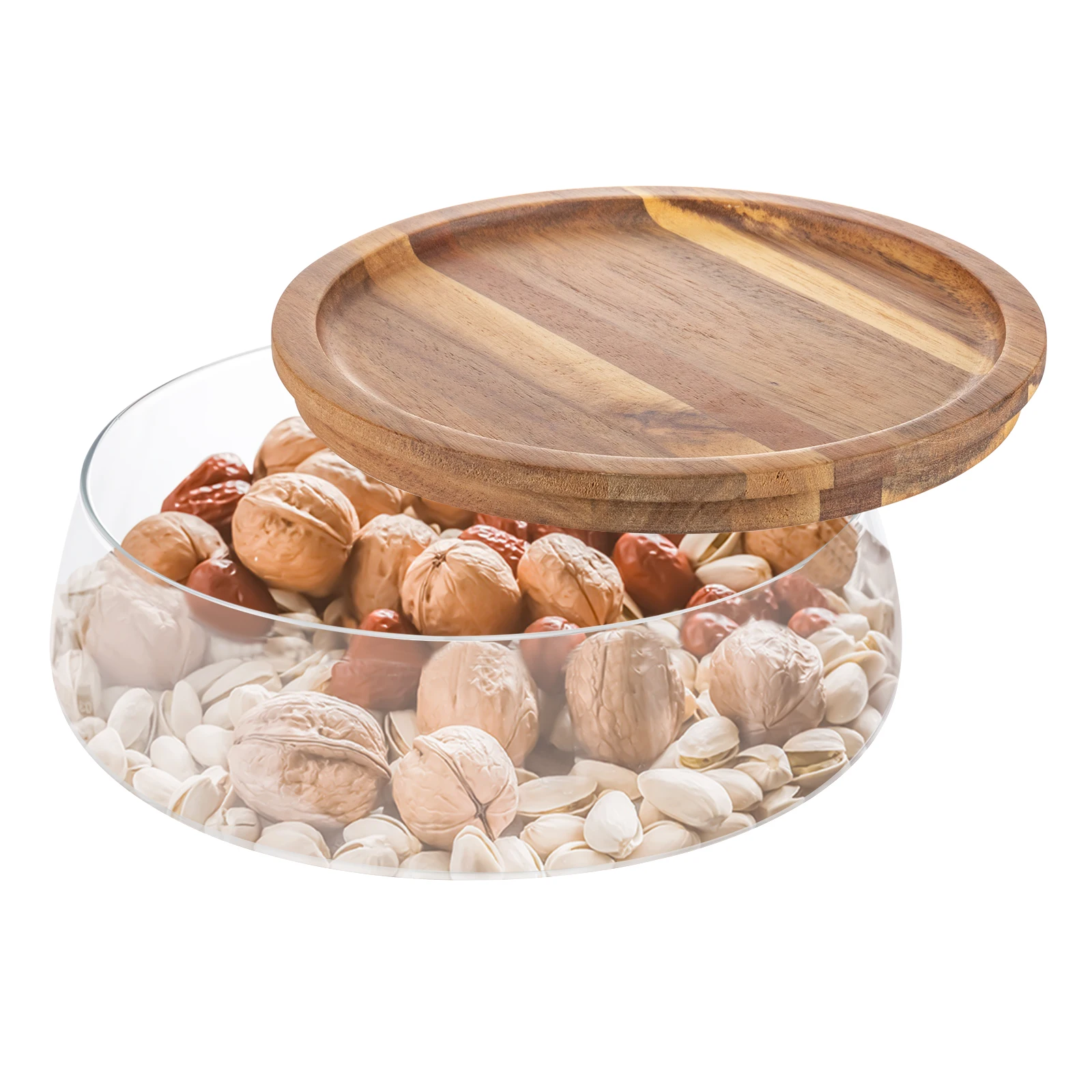 

Glass Candy and Nuts Serving Container with Wooden Lid, Round Food Storage Platter, Snack Tray Bread Plates Salad Fruit