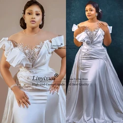 Arabic Sheer Neck Wedding Dress Aso Ebi Beaded Pearls Satin Bridal Gowns Sweep/ Brush Train vestidos novias boda Plus Size