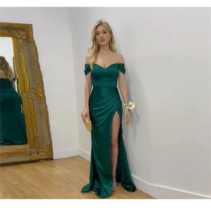 

Emerald Green Prom Dresses Sheath Split Side Ruffle Formal 2023 Evening Gowns Off The Shoulder Satin Party Bridesmaid Outfits Bo