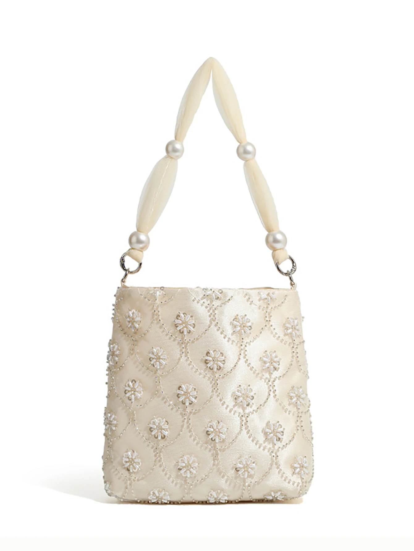 Luxury Beaded Flower Satin Handbag Women Pearl Strap Elegant Evening Banquet Clutch Purse Sweet Underarm Shoulder Crossbody Bag