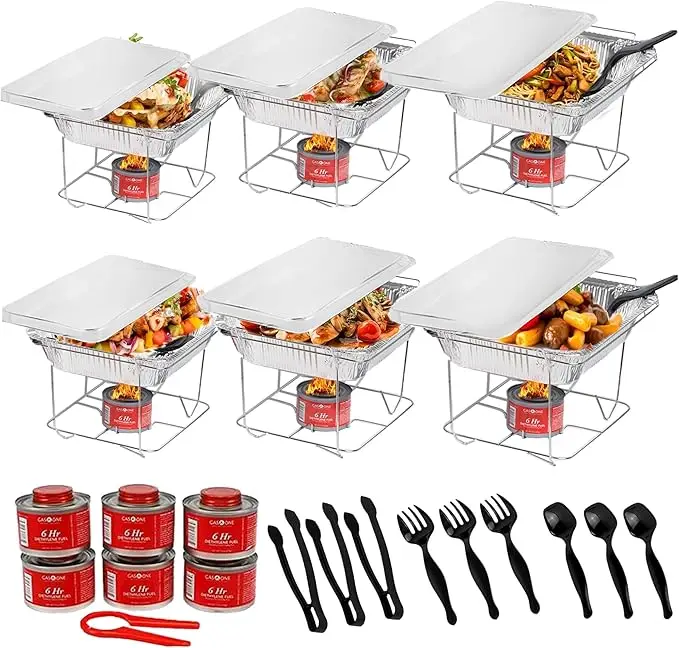 6 Pack - Disposable Chafing Dish Buffet Set, Welded Body Food Warmers for Parties, 6hr Fuel Cans Complete Set, Half Size Pans, W