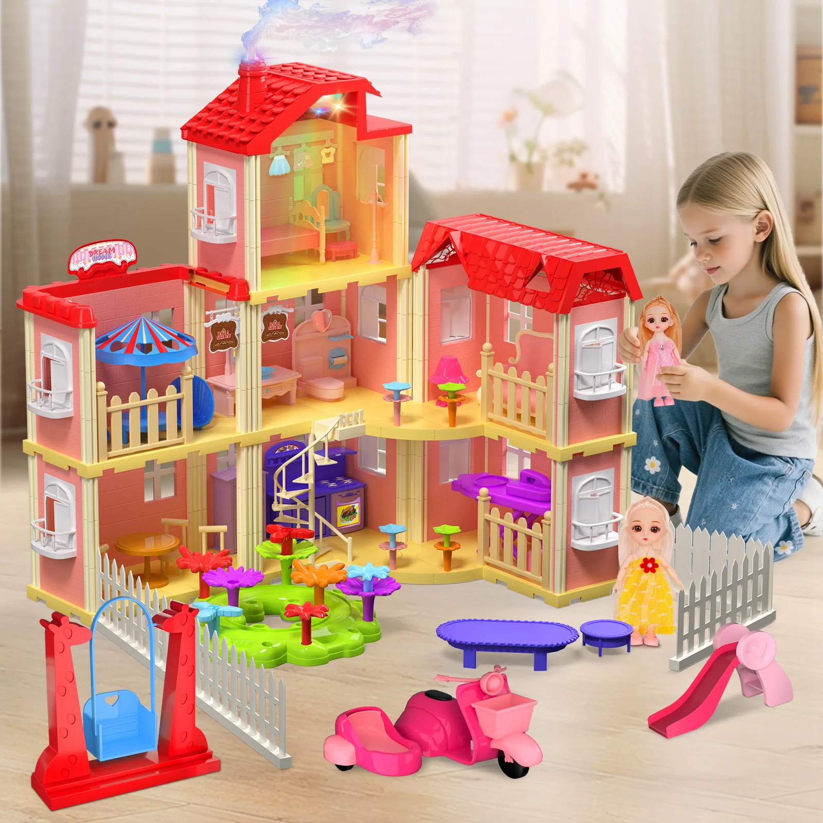 여아용 인형의 집, 대형 인형의 집, 가구 및 액세서리 포함, 조립식 인형의 집, 3-10세 어린이를 위한 놀이집 선물