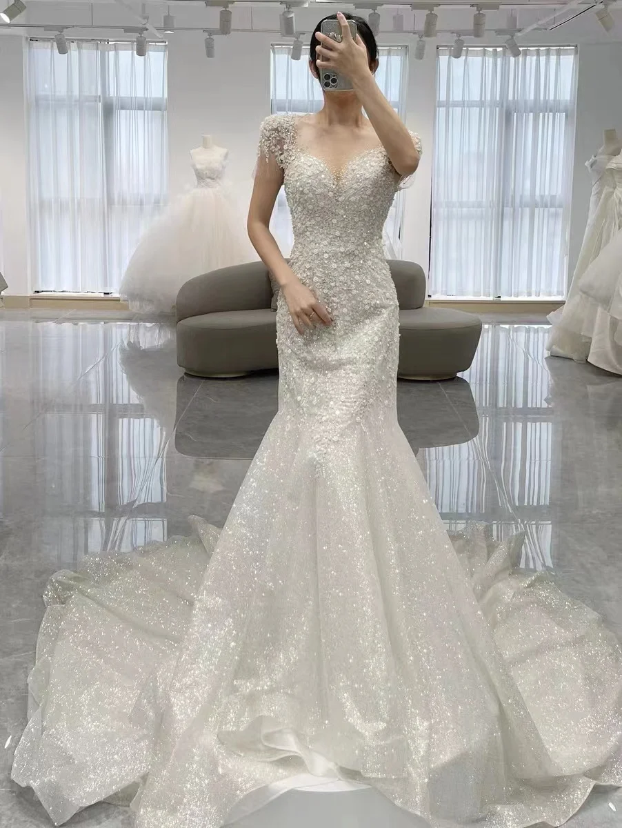 Korean Mermaid Wedding Dress 2024 New Bride Wedding Dress Starry Sky High-end Luxury Dress