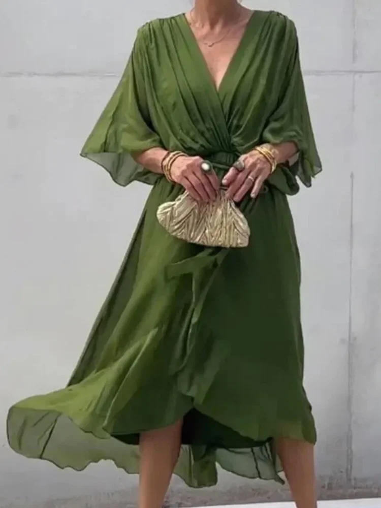 Lente Zomer V-hals Losse Lange Onregelmatige Jurk Vrouwen Sexy Groene Batwing Mouw Lace Up Geplooide Boho A-lijn Midi Jurken Gewaad - afbeelding 2