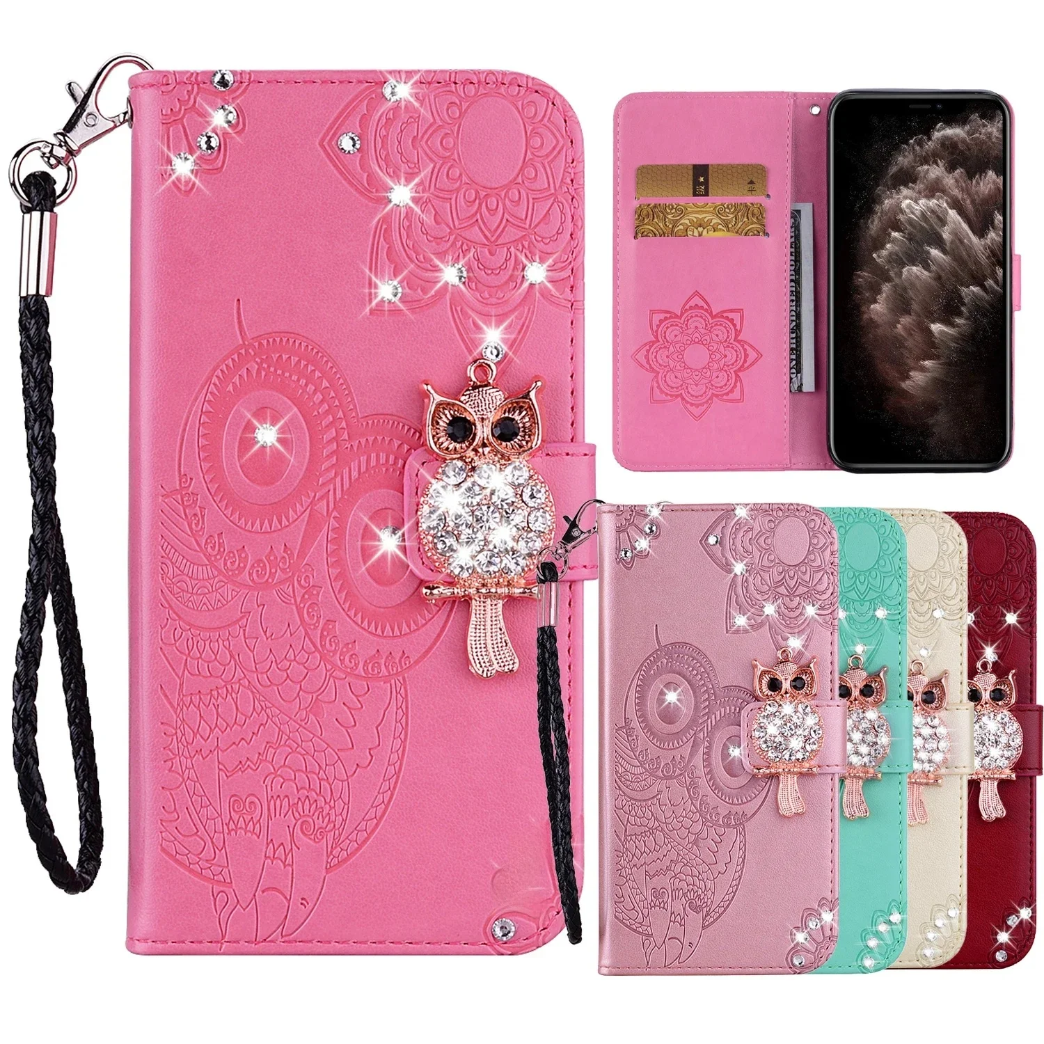 Étui portefeuille en Faux cuir à paillettes pour Samsung Galaxy S24 Ultra S23 S22 Plus A06 A16 A55 A15 A35 A54 A34 A14, housse de sac hibou en relief
