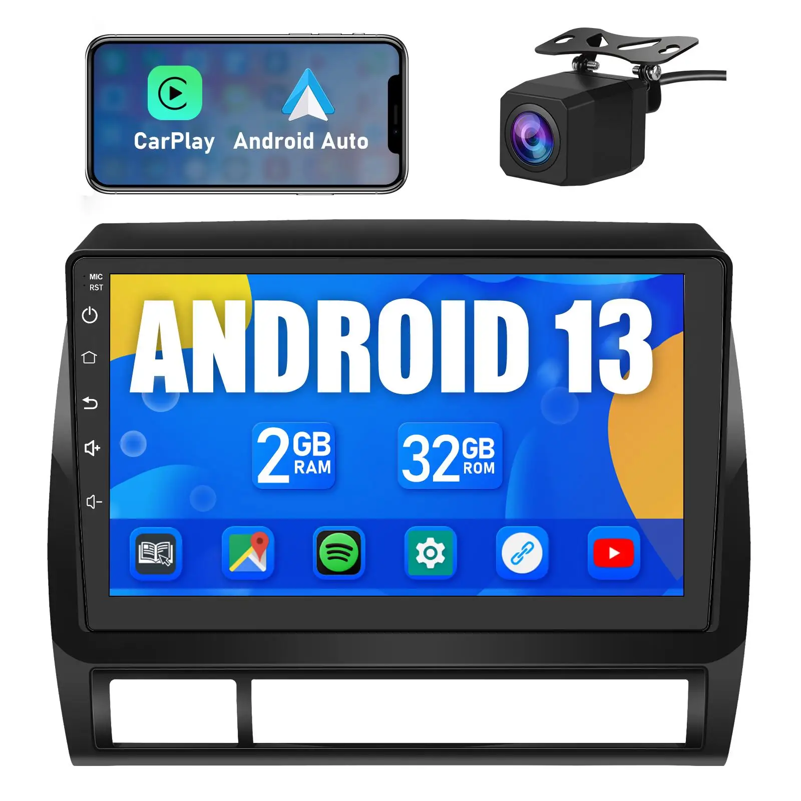Junsun Android 13 Car Head Unit, 9-in In-Car Media Touchscreen for Toyota Tacoma 2005-2015, Wireless CarPlay, Auto GPS Navigation, WiFi, Bluetooth, 2G RAM 64G ROM Multimedia Video Player, Car Video Players