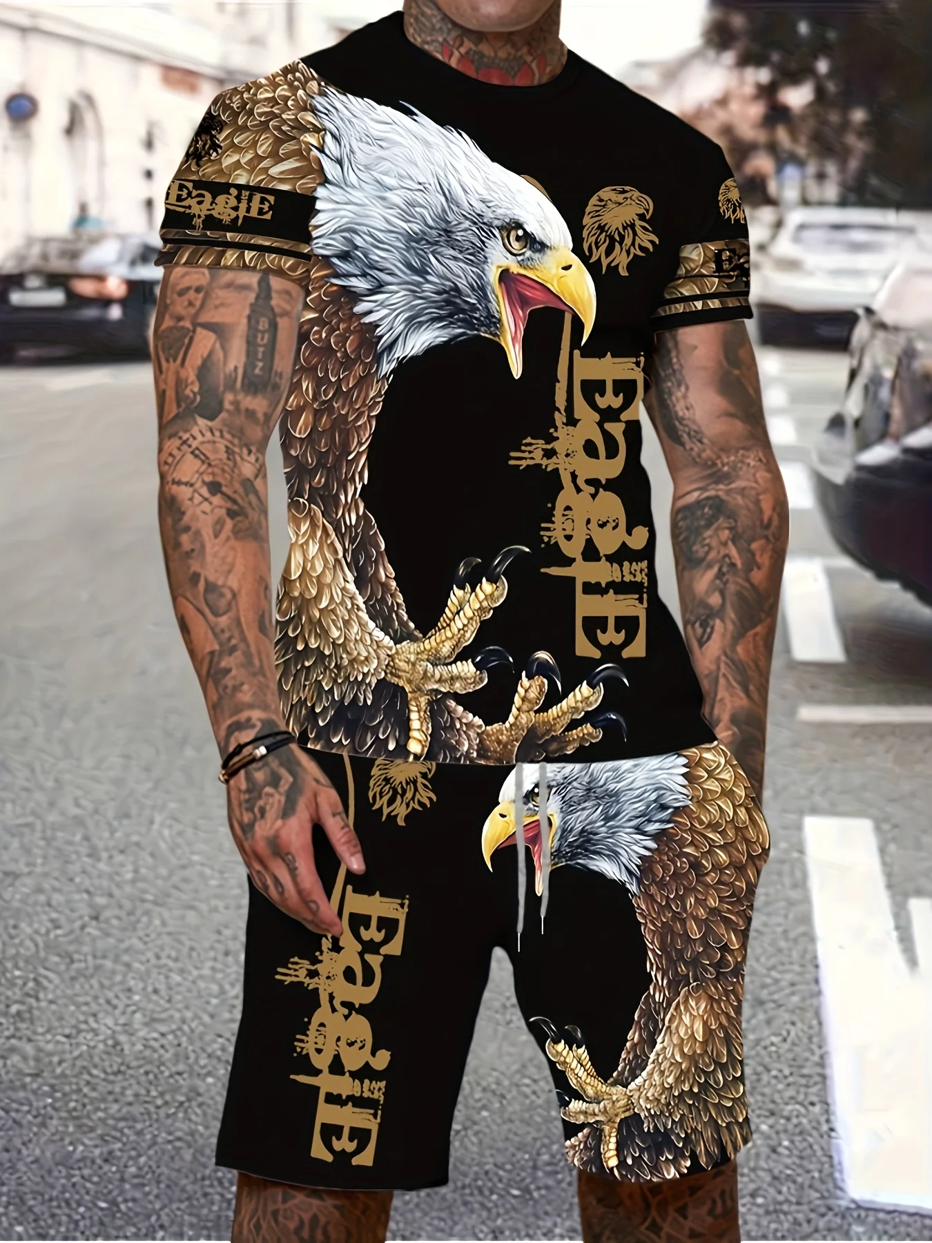 Eagle Print Short Sleeve Shorts 2 Piece Tracksuit Set Men's Casual Crew Neck Short Sleeve T-Shirt and Stylish Shorts Summer