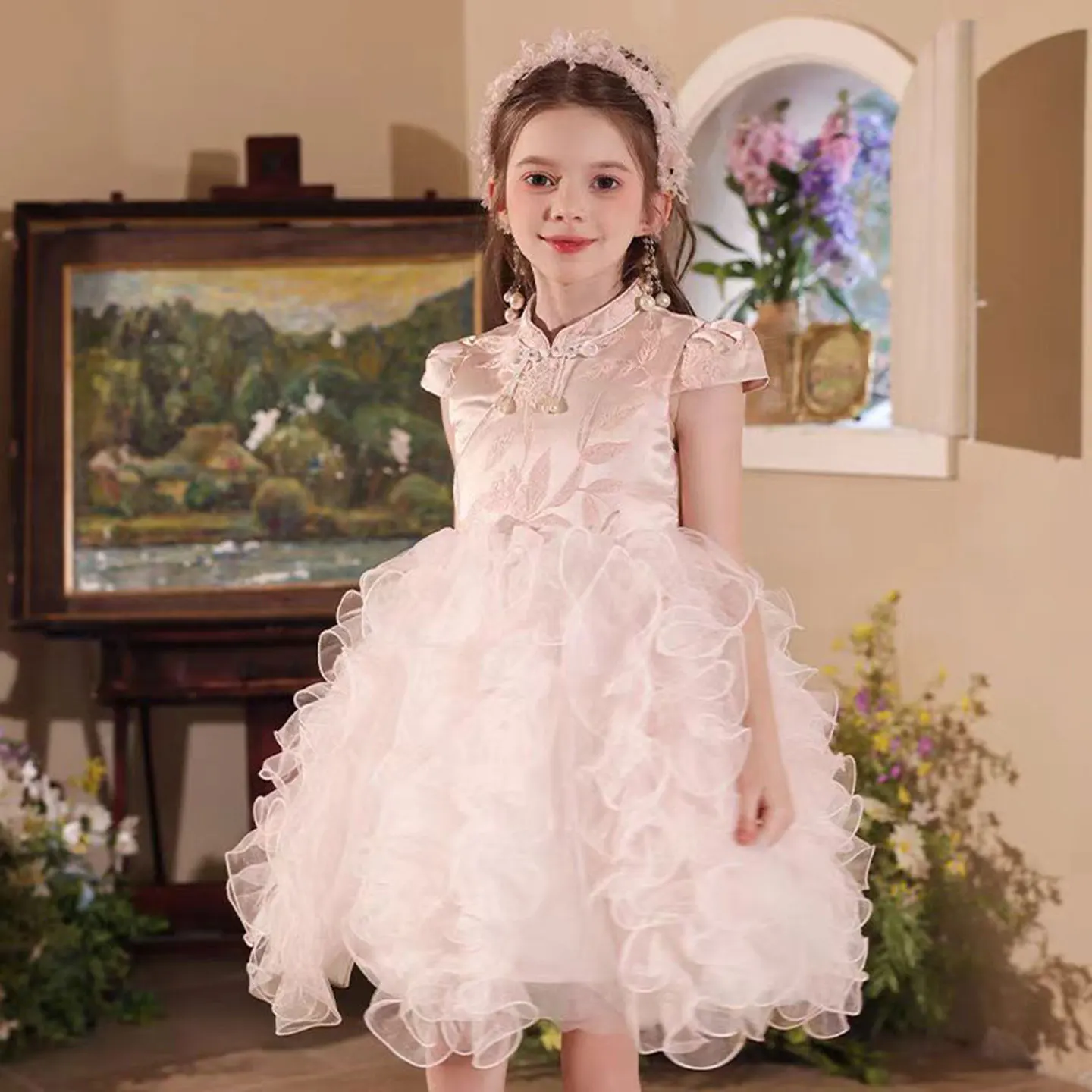 Dreamy Vow J519 Adorable Chinese style-Neck Embroidered Tulle Baby Girl Dress Wedding Birthday Party Knee Length Prom Gown