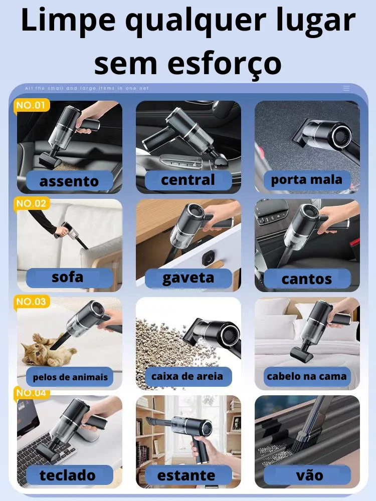 Aspirador de Pó Portátil Recarregavel Potente Limpeza Profissional Facil de Aspirar Poeira Sujeira e Detritos Design Compacto