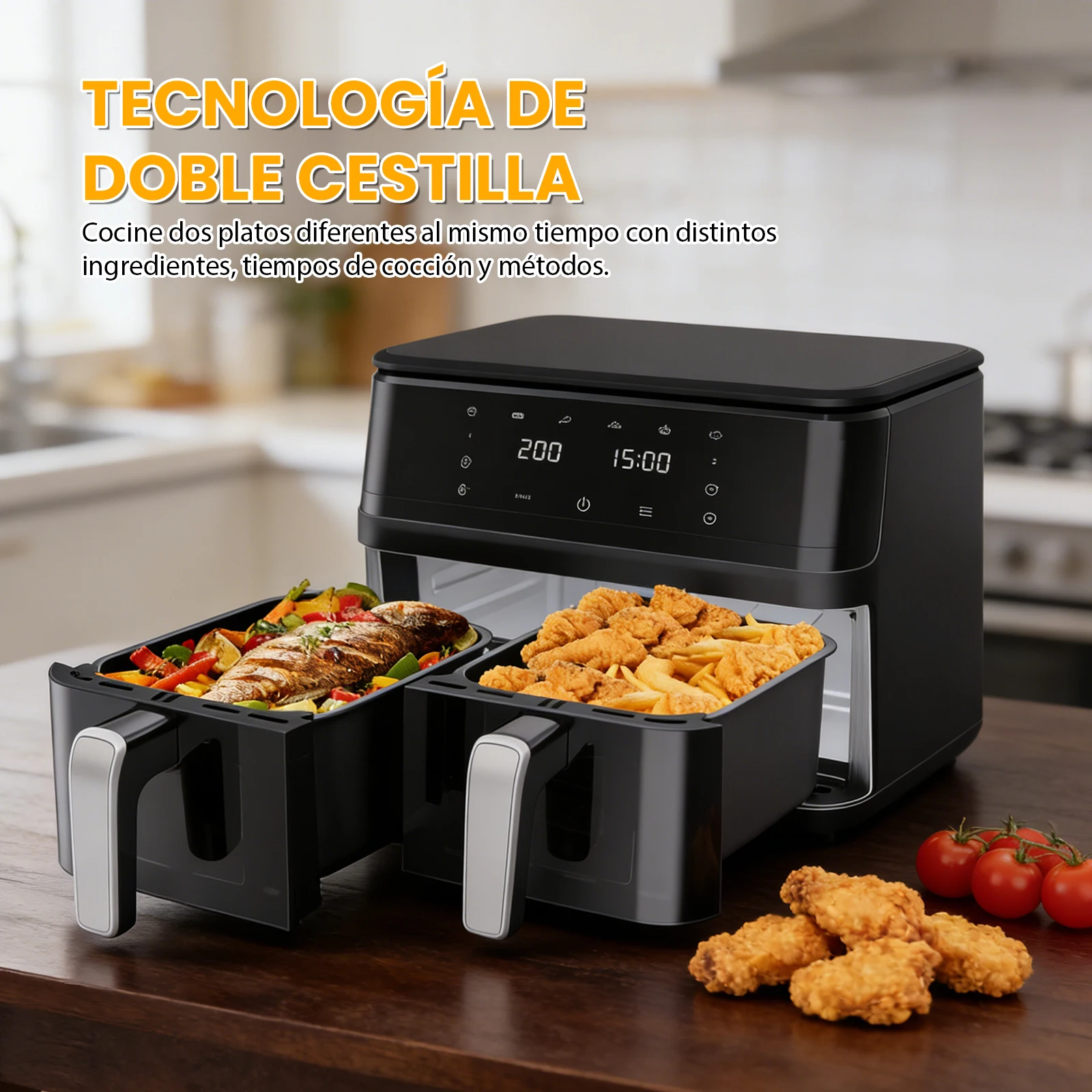 Freidora de Aire con Doble Cesta Negra, 9L de Gran Capacidad, Control Táctil, 360 ° Freidora de Aire Doméstica de Baja Grasa con