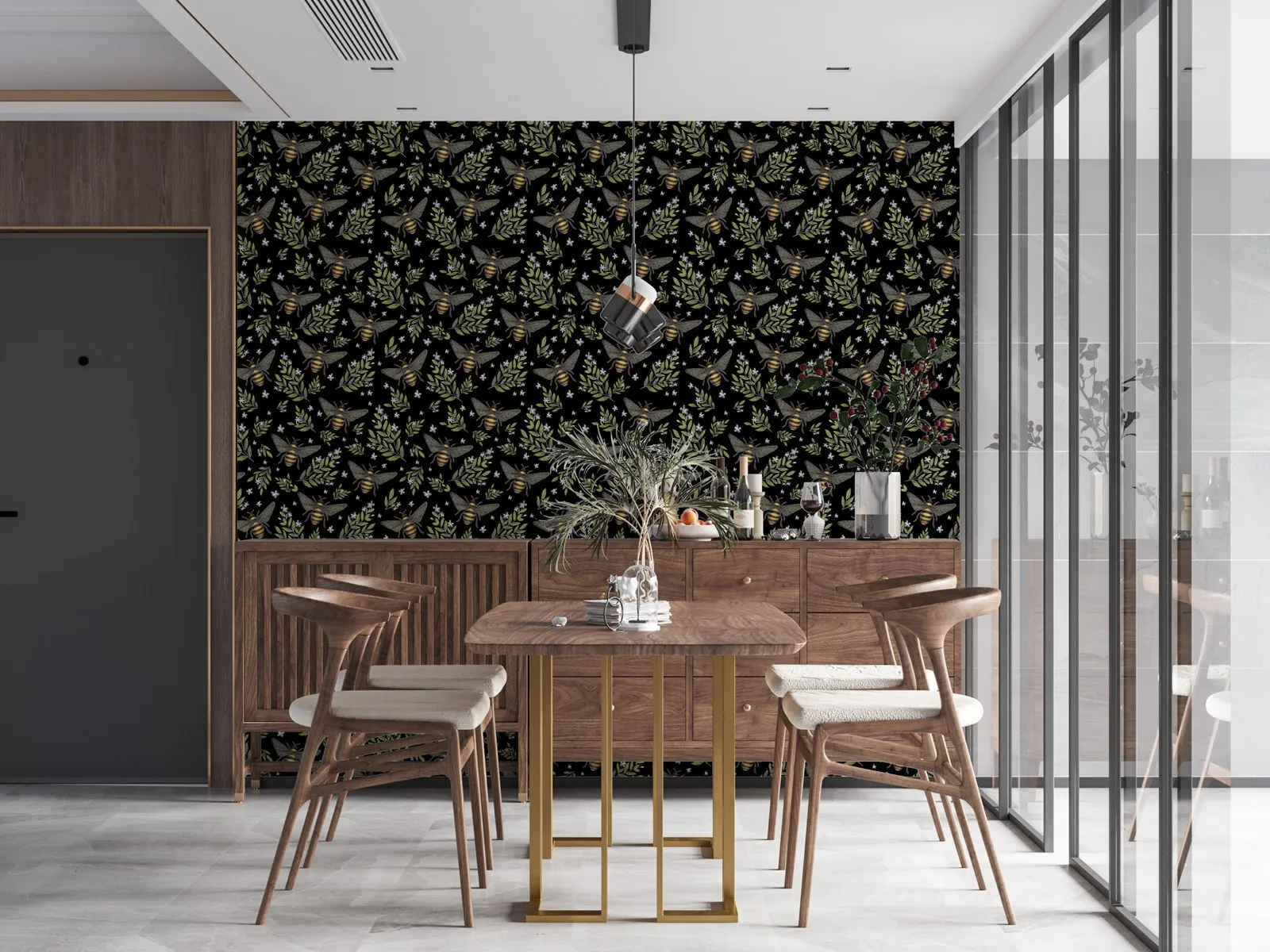 Spring Bee Removable Wallpaper in Midnight Black, Honey Bee Wall Paper in black back ground for living room bedroom HB0624001