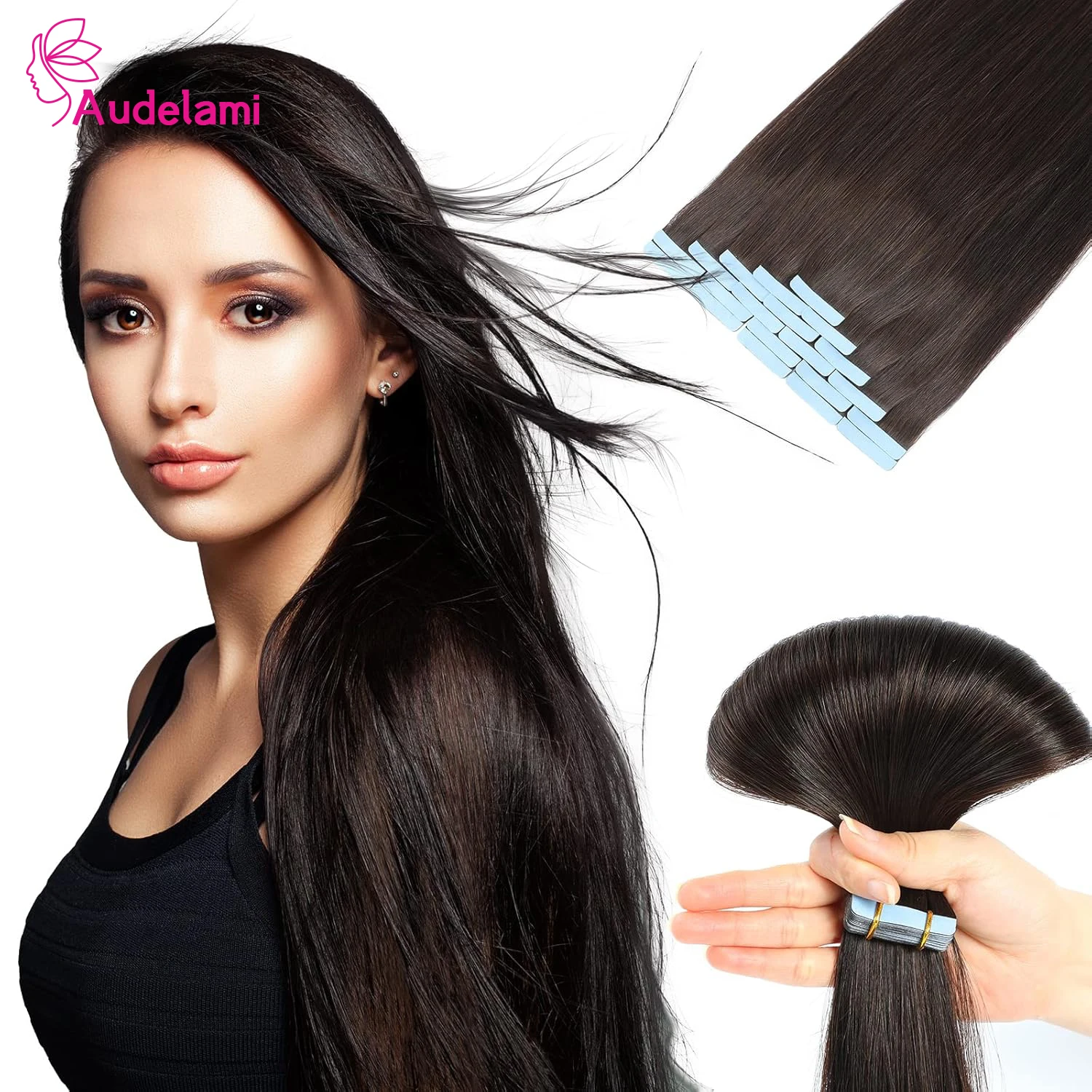 Audelami 10pcs/Pack Straight Tape In Hair Extensions Human Hair Brazilian Hair Adhesive Extensions 1B 100% Remy Hair For Women