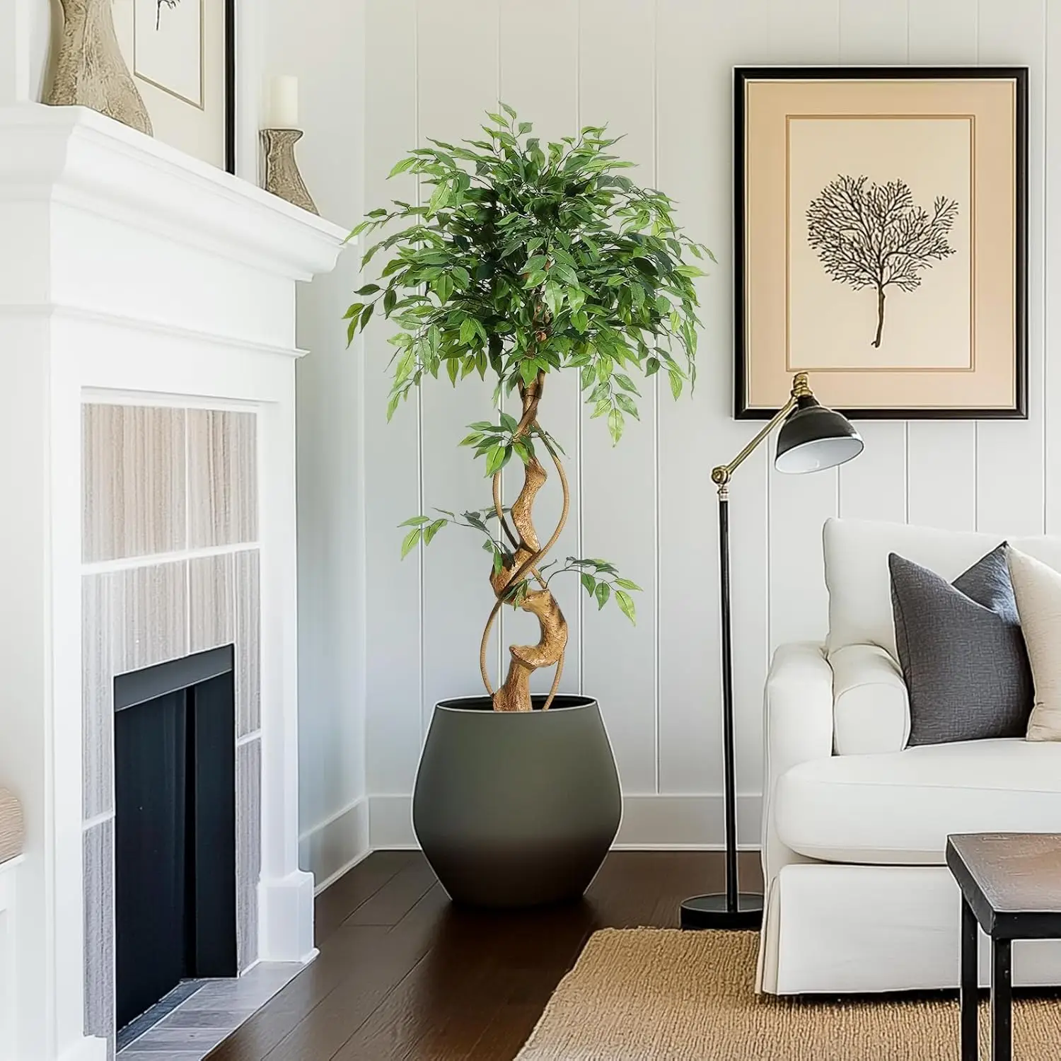 Albero artificiale di banyan intrecciato, alto 120 cm, con foglie in tessuto di seta, tronco con texture naturale, non richiede manutenzione, ideale per decorare soggiorni, uffici, angoli e feste di
