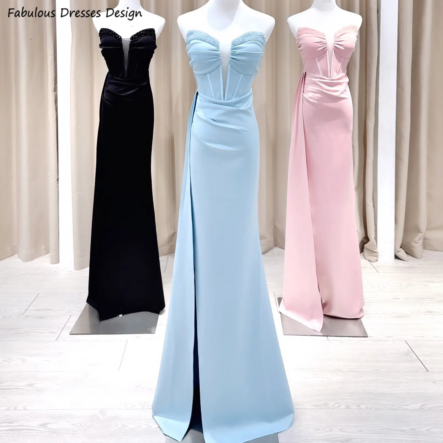 

Light Blue Long Mermaid Bridesmaid Dresses Shining Strapless Sheer V-neck Wedding Guest Dress Streamer Slit Prom Party Gown