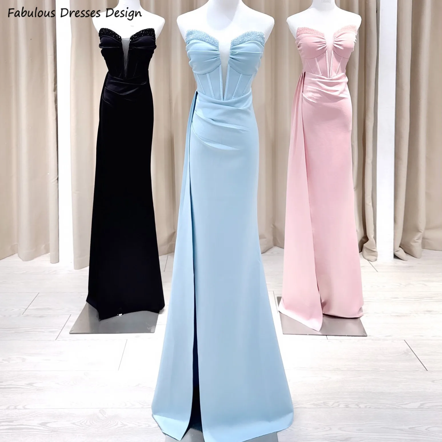 Light Blue Long Mermaid Bridesmaid Dresses Shining Strapless Sheer V-neck Wedding Guest Dress Streamer Slit Prom Party Gown