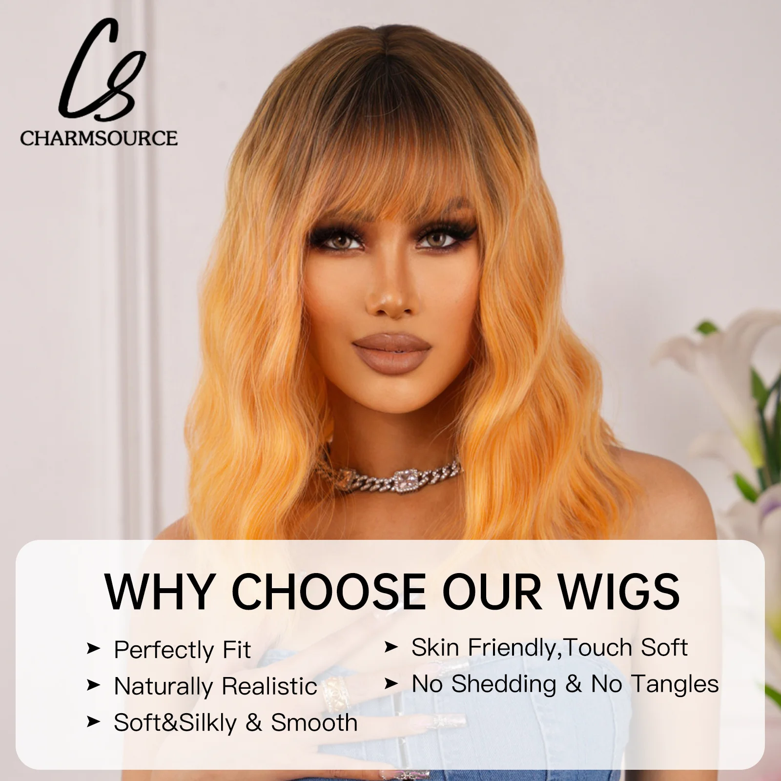 CharmSource Ombre Brown Yellow Wigs Short Wavy Wigs for Women Synthetic Bob Wig Hair Party Daily High Temperature Resistance