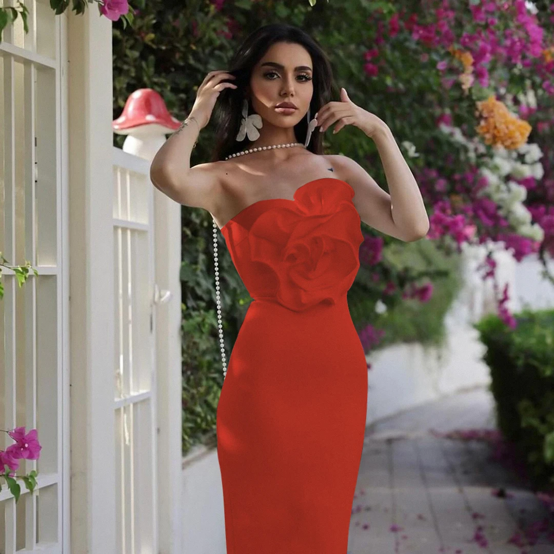 High quality summer new red flower sexy off shoulder slim fit sexy bandage dress elegant fashion party dress vintage