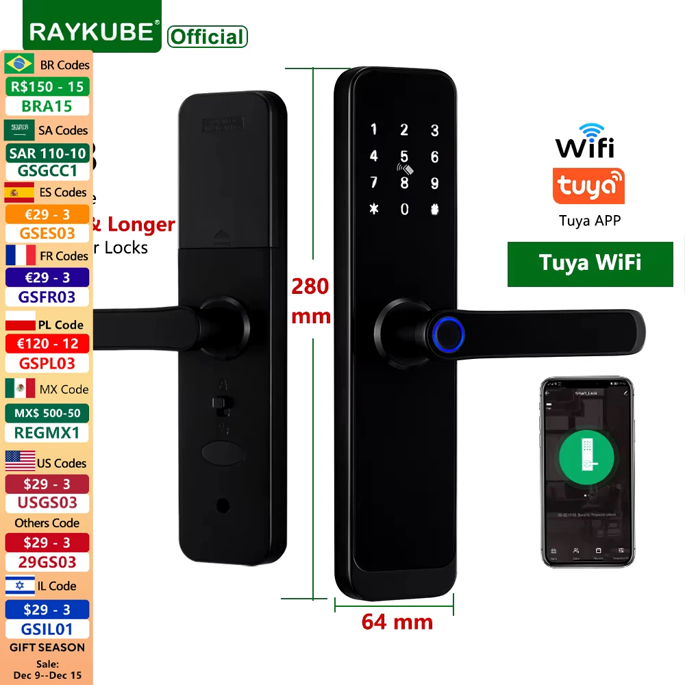 RAYKUBE K8 Tuya Wifi Smart Door Lock Fingerprint Lock Digital Electric Lock With Longer Larger Handle Panels Doorbell APP Unlock