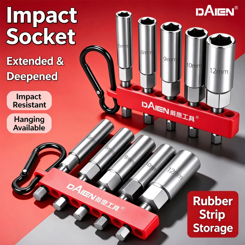 DAIEN 6.35mm Hex Shank Deepened Impact Socket Set, Long Extension Socket for Electric Drill Impact Driver