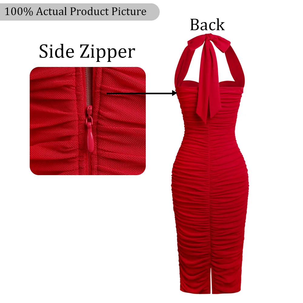 Sukienka Vfemage damska, typu halter, z odkrytymi ramionami, marszczona, obcisła, midi, seksowna, z odkrytymi plecami, dopasowana, na imprezę, koktajl, do klubu, wieczorowa, dla gościa weselnego, model 12211