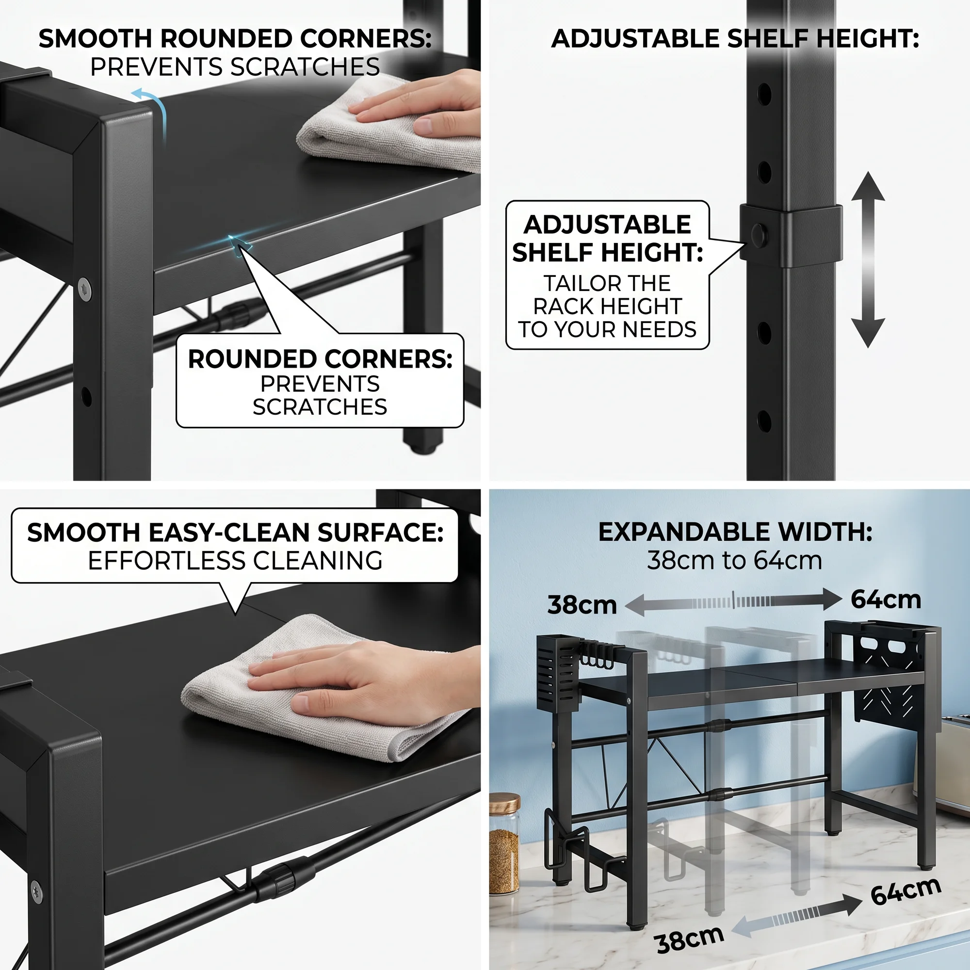 Verstellbares 3-stufiges Küchen-Mikrowellenregal, erweiterbar von 38 cm bis 64 cm, Arbeitsplatten-Organizer mit 6 Haken, Messerhalter, Utensilienkorb und Schneidebretthalter für die Aufbewahrung von Gewürzen und Kochgeschirr – Detail 4