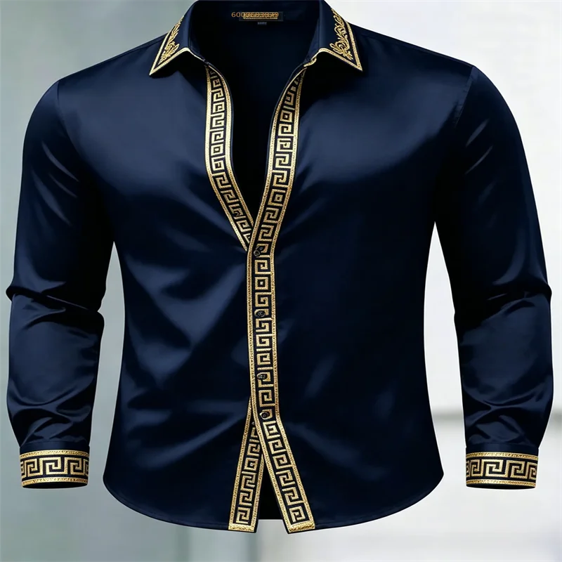 Men's Luxury Long-Sleeve Shirt with Gold Patterned Print—Suitable for Daily Business and Parties; Designer Menswear.