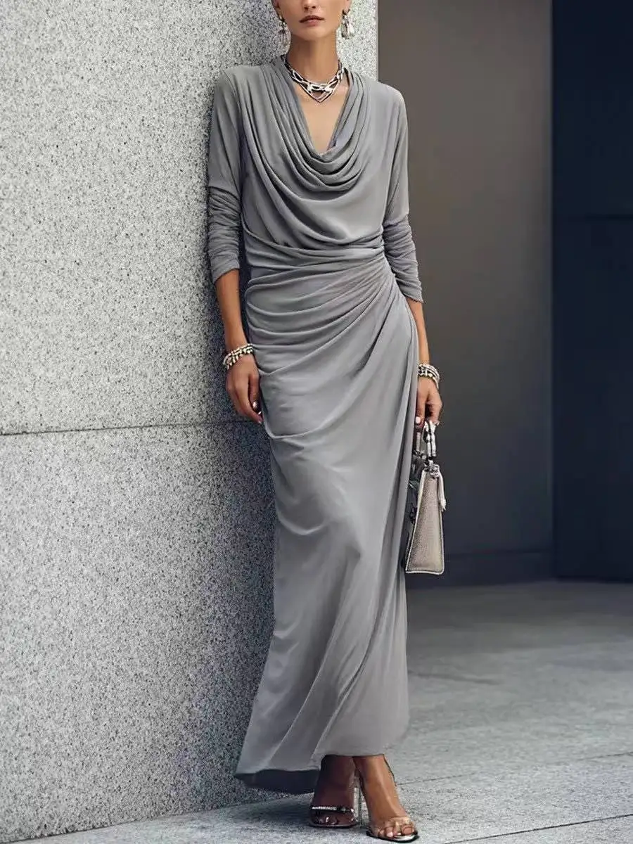 Women Burgundy Maxi Dress Long Sleeve Cowl Neck Ruched Bodycon Dress Elegant Evening Party Dress Slim Fit Fall Winter Fashion