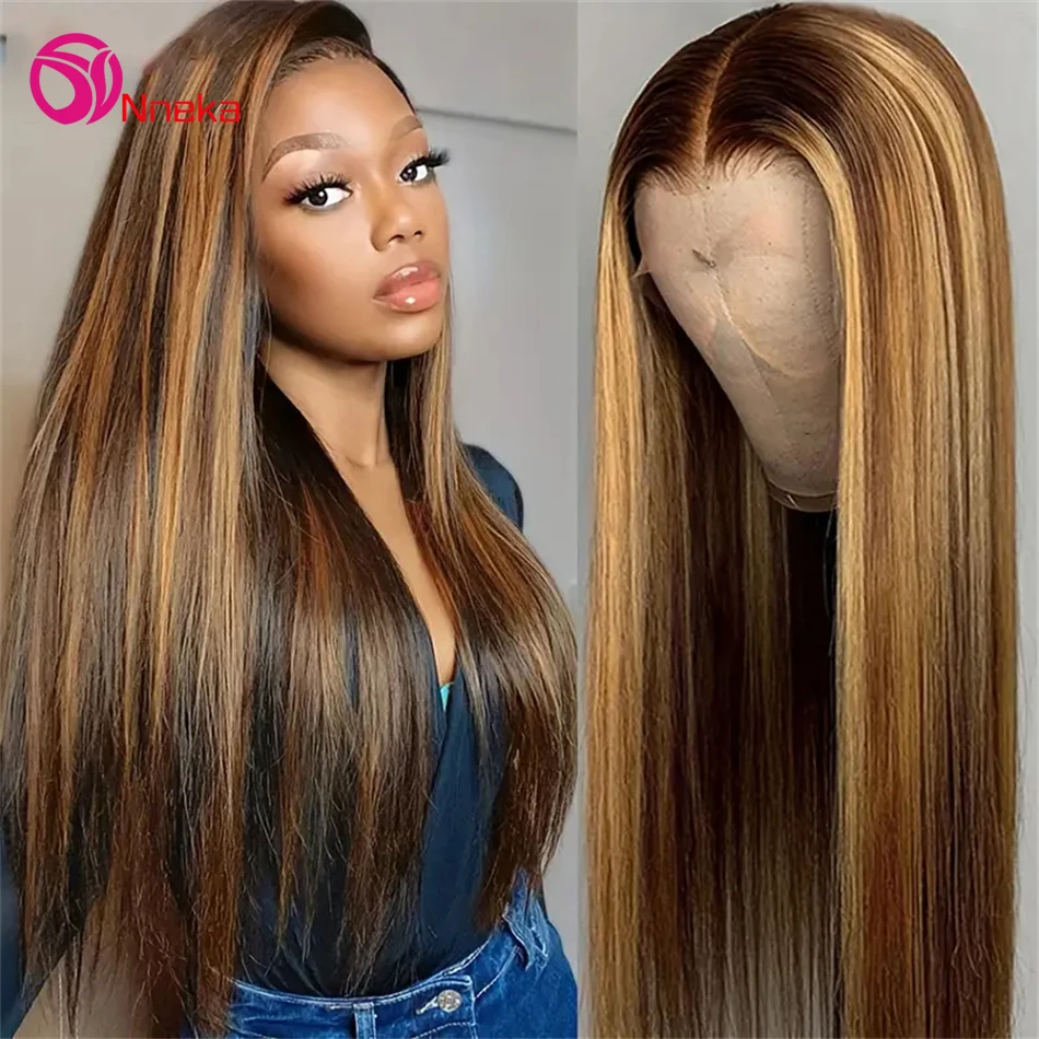 

Highlight 13x6 HD Lace Front Human Hair Wigs P4/27 Ombre Brown Colored Brazilian Straight 13x4 Lace Frontal Wig For Women Gifts