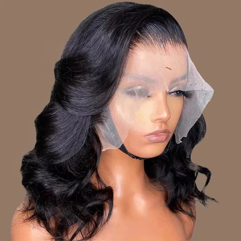 

Natural Black Color 200 Density Short Body Wave Bob Wig Human Hair Wig 13x4 Transparent Lace Front Wigs 4x4 Lace Closure Bob