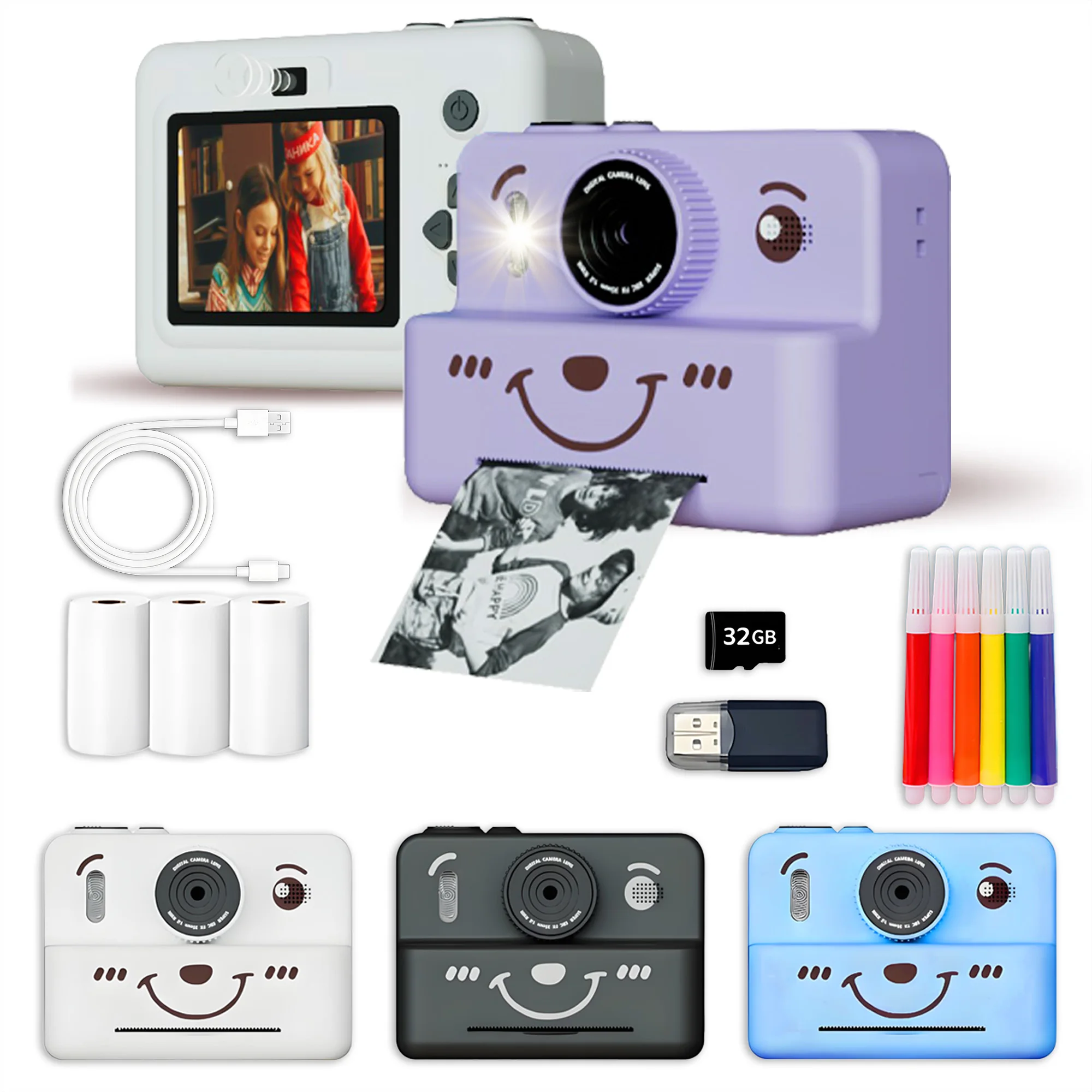 

Детская камера с мгновенной печатью, 2,8-дюймовый HD-экран, карта памяти на 32 ГБ и 3 рулона бумаги для печати, подарок для мальчиков и девочек