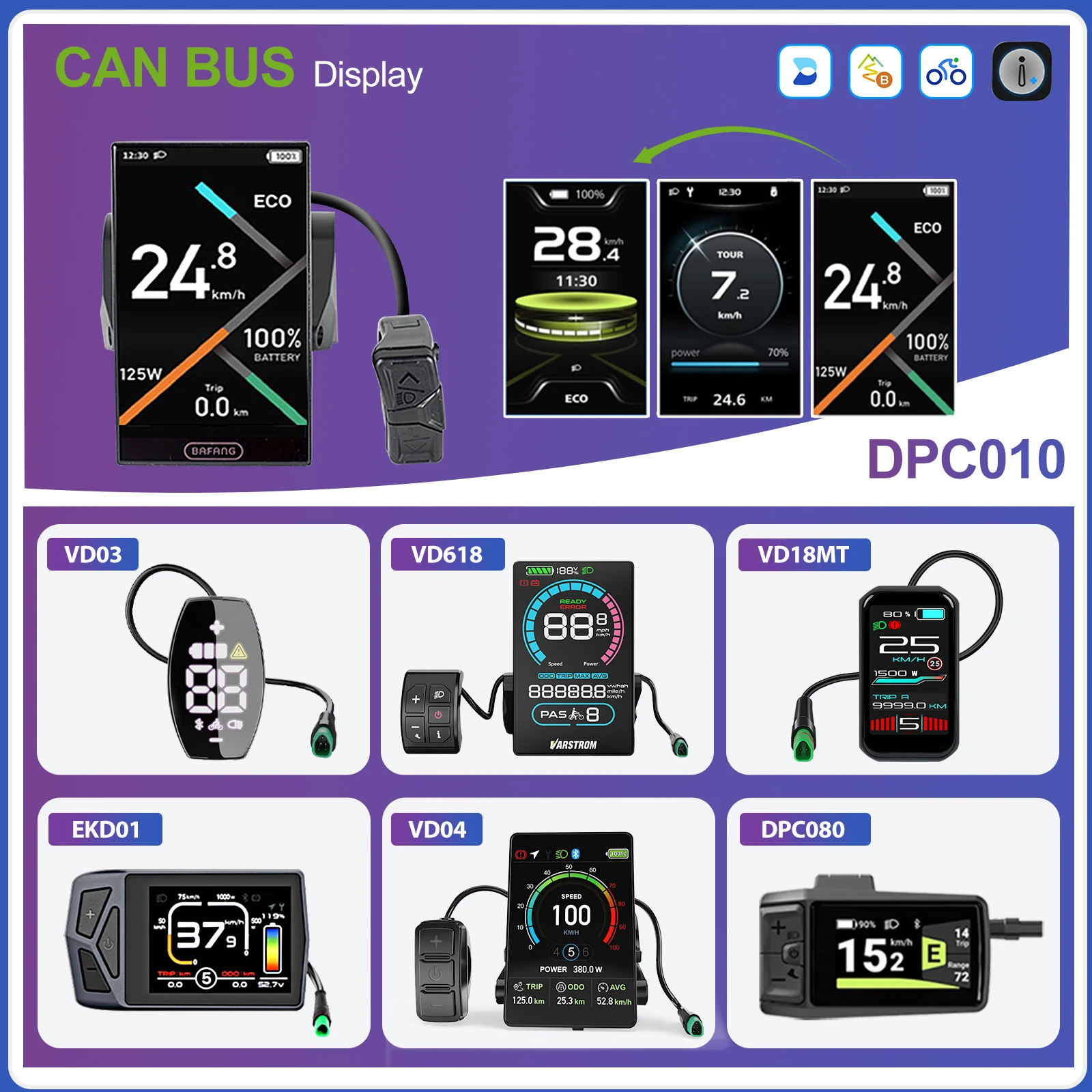 Varstrom E-Bike Display BAFANG CAN BUS System 5-Pin Stecker DPC010 DPC080 EKD01 VD04 VD18MT Bluetooth VD03 Mini VD618 E-Bike HMI 0-5/0-9 PAS Fahrradcomputer für Bafang CAN BUS Mittelmotor BBS01B