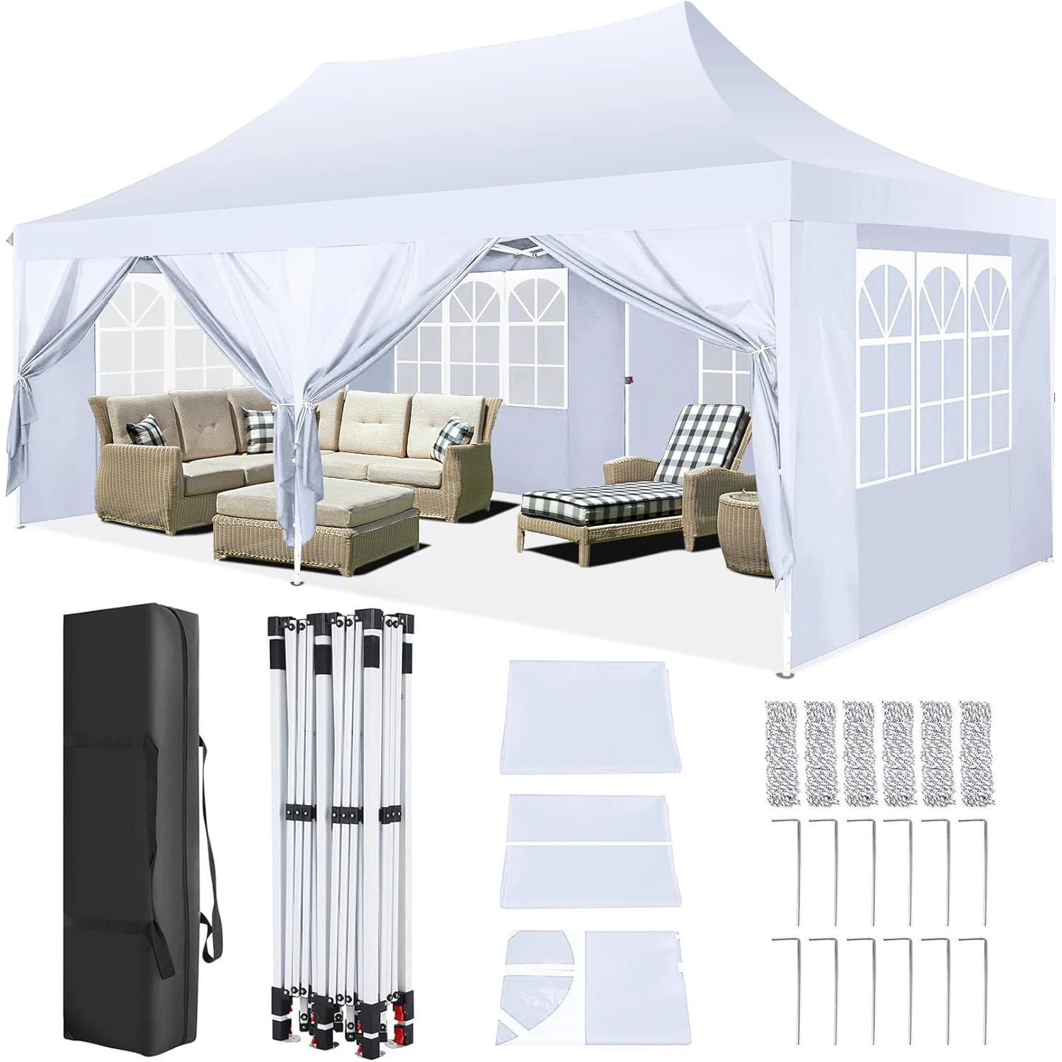 Gazebo pop-up professionale da 3x6 m con 4 pareti laterali, tenda da festa impermeabile di grado commerciale con 3 regolazioni in altezza
