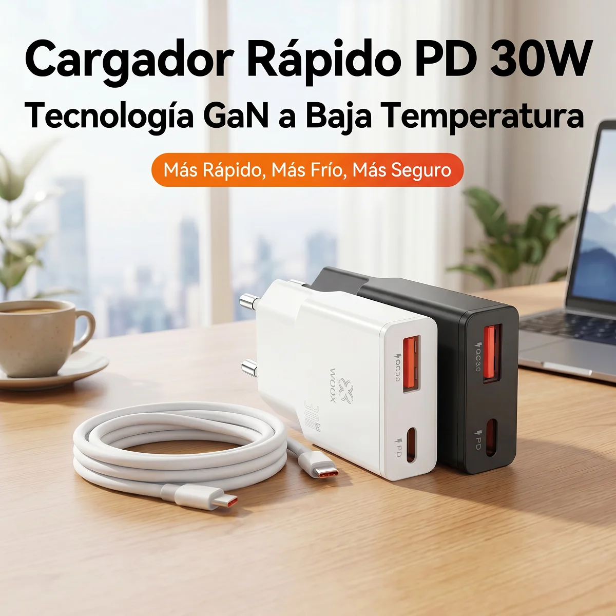 Carregador Ultra-Fino Gan Usb-C + Usb-A de 30W, 1,5cm de Espessura, Compatível com iPhone 15/16 e Samsung Galaxy S25/S24/S23/S22/S21/S20/Note 10,