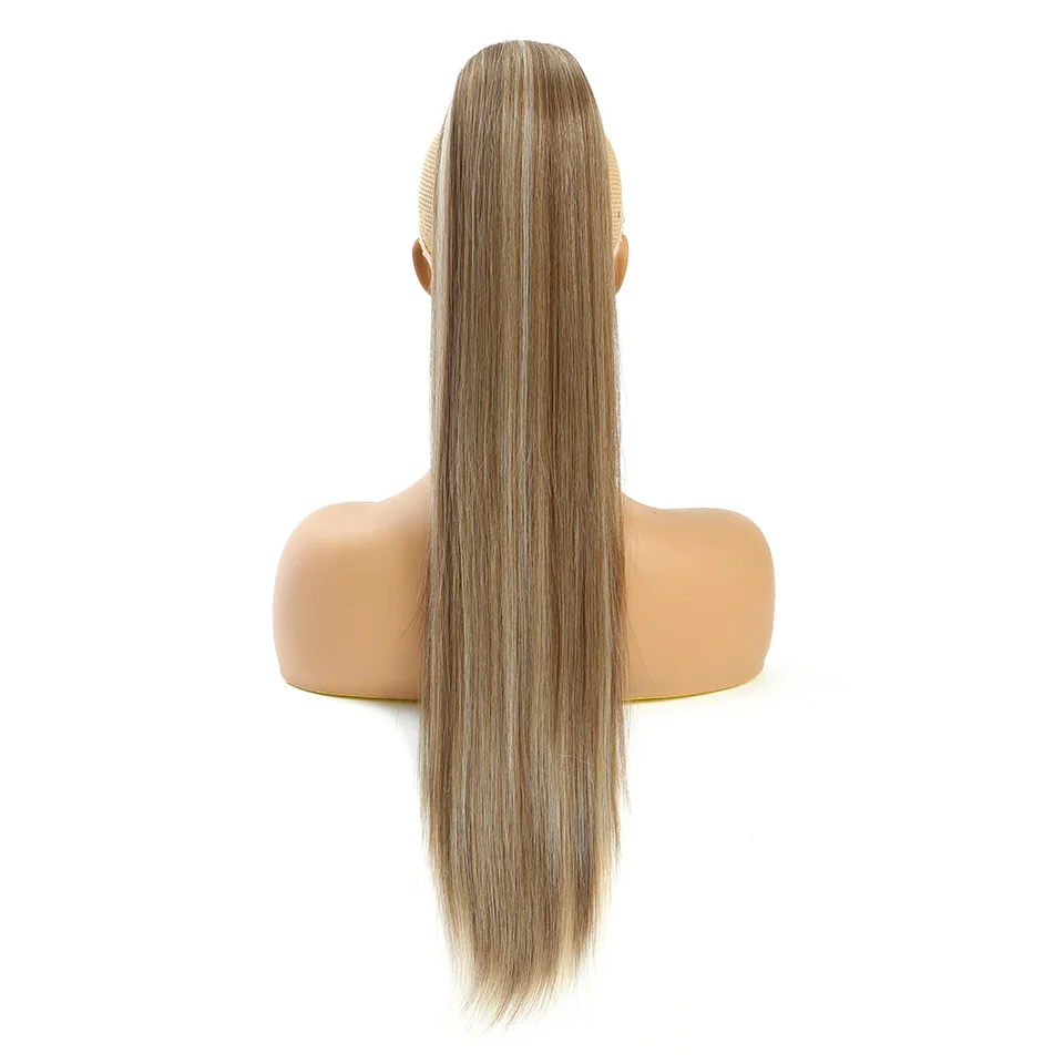 Extensões de Rabo de Cavalo Liso com Cordão, Loiro Ombré, Fibra de Alta Temperatura, 28 Polegadas, Cabelo Sintético para Mulheres
