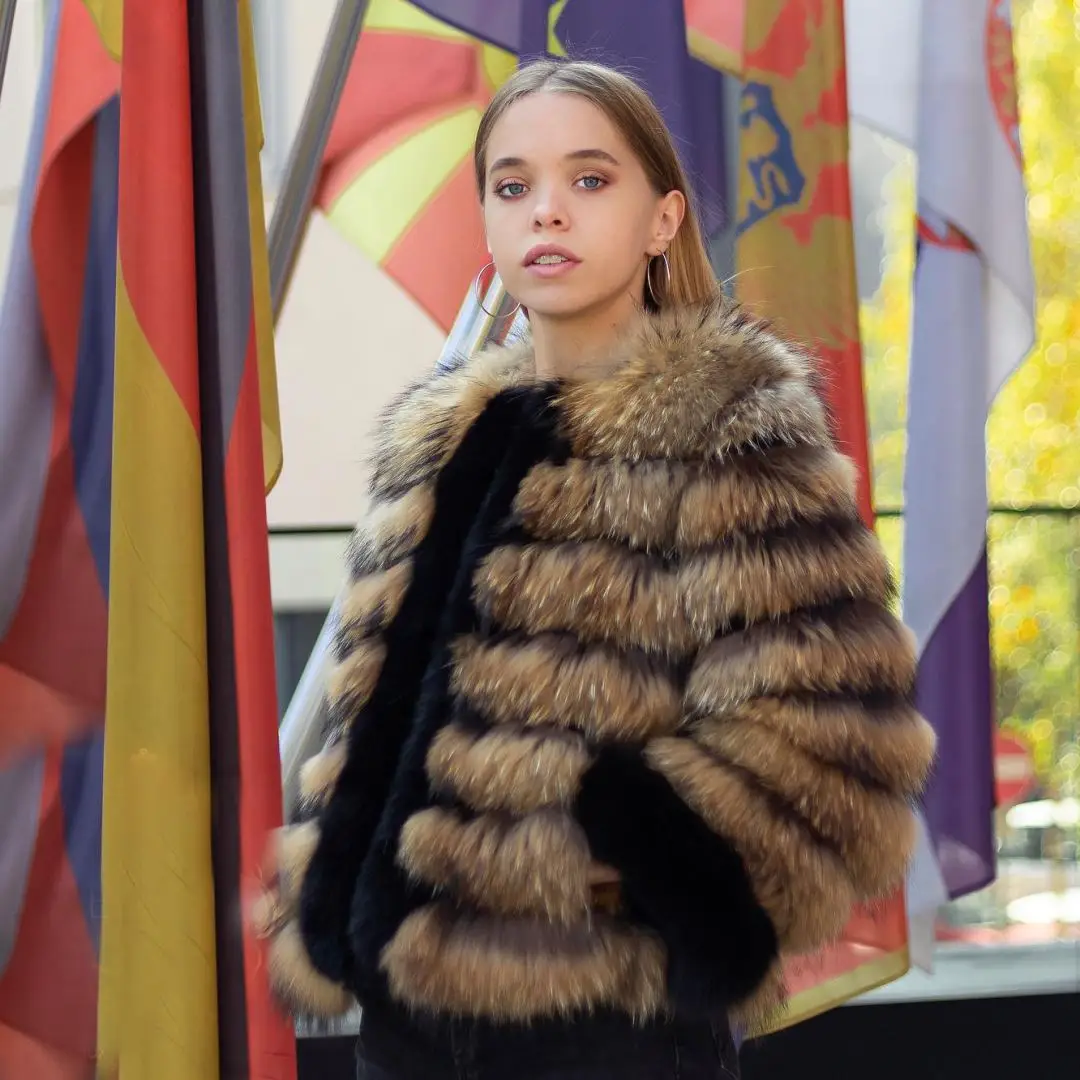 High Quality Women Real Raccoon Dog Fur Jacket Round Collar Long Sleeve Casual Woman Genuine Leather Fur Coats Luxury Outwear