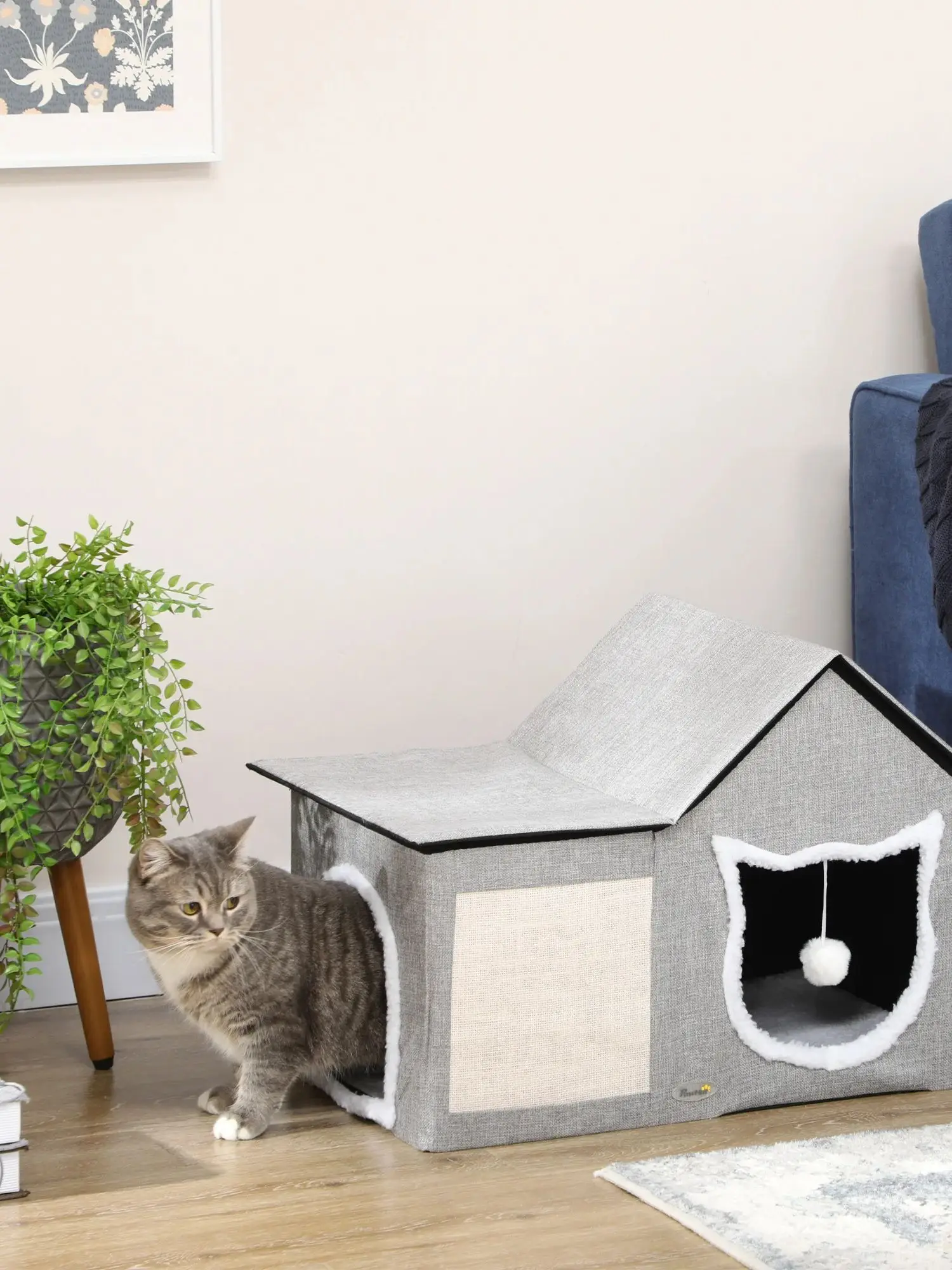 Cave pour chat PawHut, maison pour chat avec zone à gratter, doubles portes, balle jouet en polyester