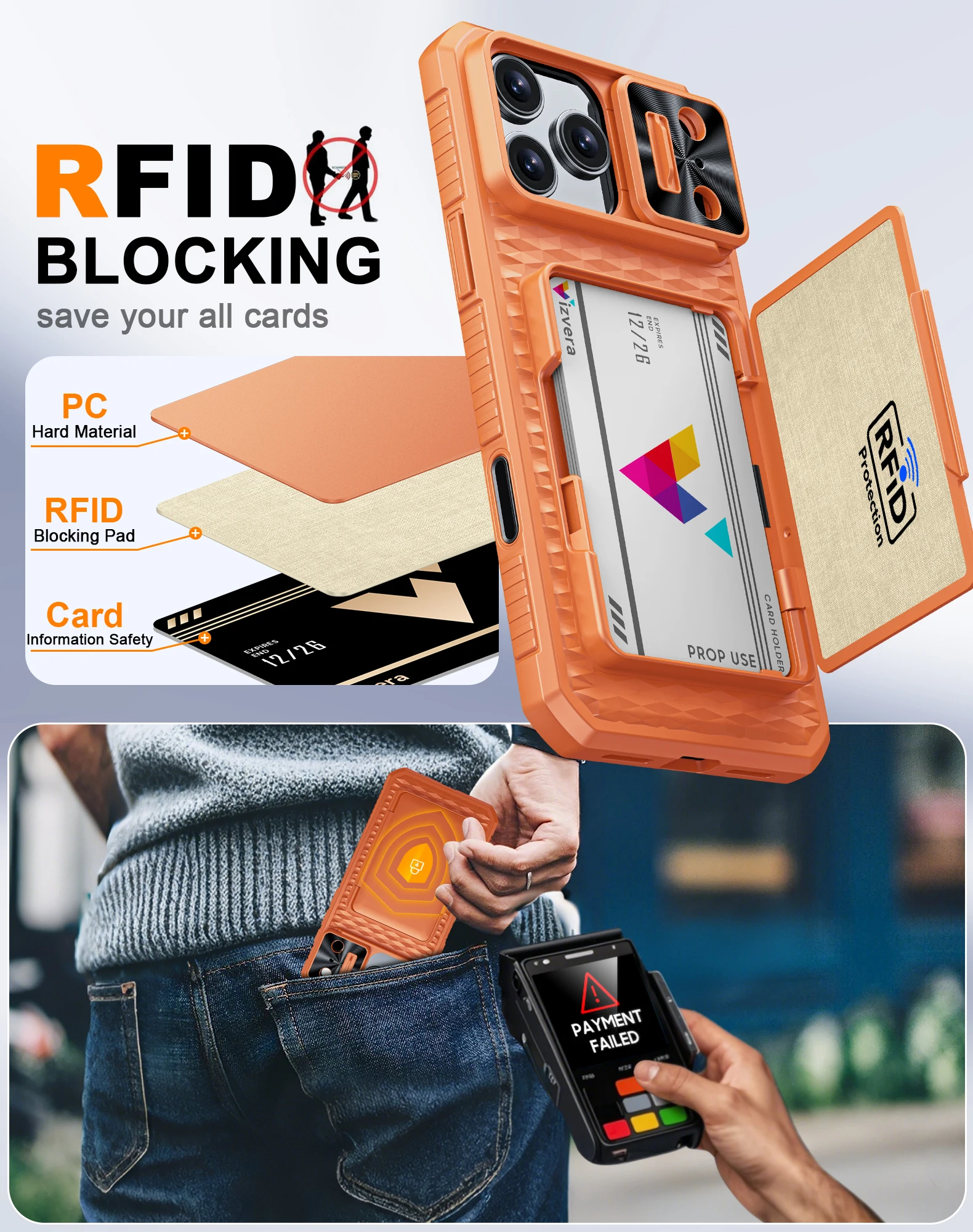 For iPhone 17 Pro Max With Card Holder Sliding Camera Cover And Stand Phone Case, Anti-Fall PC+TPU Wallet Case-Orange