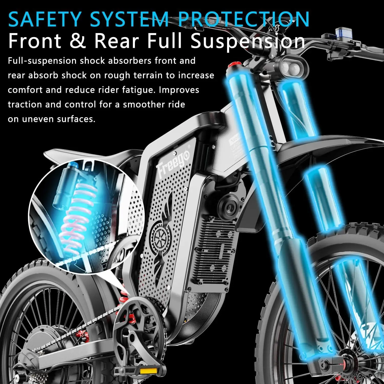 Freego دراجة ترابية كهربائية للبالغين X2 Pro دراجة نارية كهربائية محرك 6000 وات بطارية 1800 وات تعليق كامل 50 ميجا في الساعة دراجة إلكترونية للطرق الوعرة