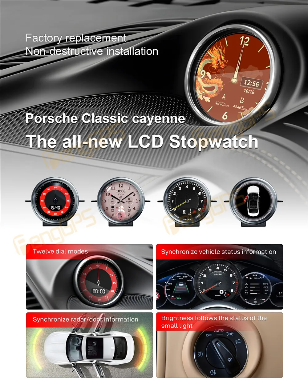 Car Stopwatch For Porsche Paramera Cayenne Macan 718 911 taycan 2010 - 2022 Interior Dashboard Center Clock Compass Time