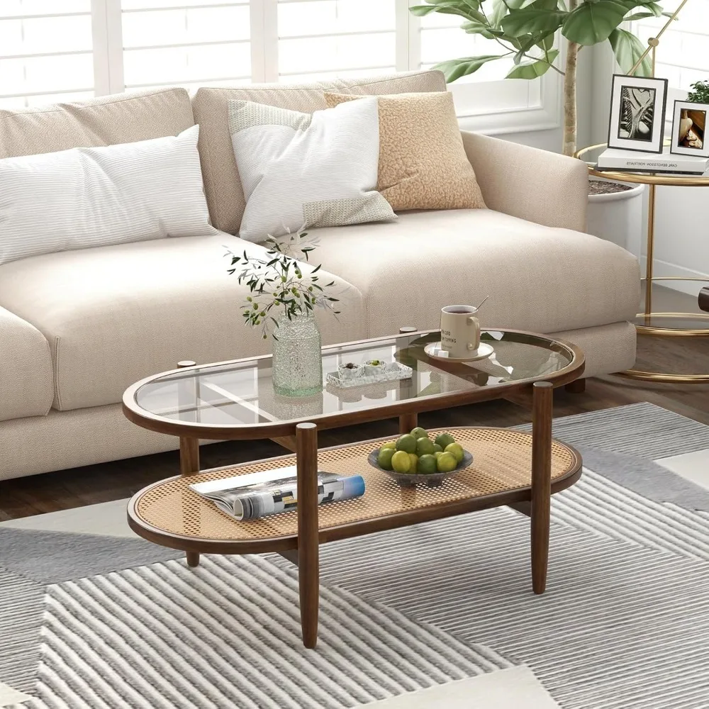

Rattan Coffee Table, 40”L Boho Oval Acacia Wood Cocktail Table with Tempered Glass Tabletop & PE Rattan Storage Shelf