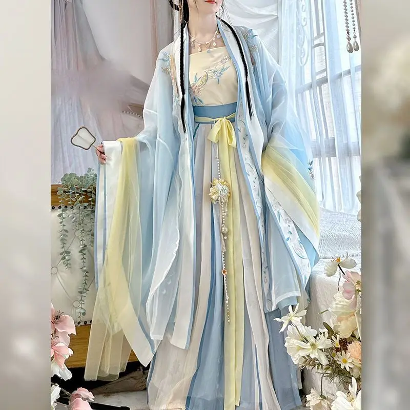 

Chinese Hanfu Dress Women Cosplay Costume Vintage Ancient Embroidery Blue 5pcs Sets Party Outfit Hanfu Dress Sang Dynasty Suits
