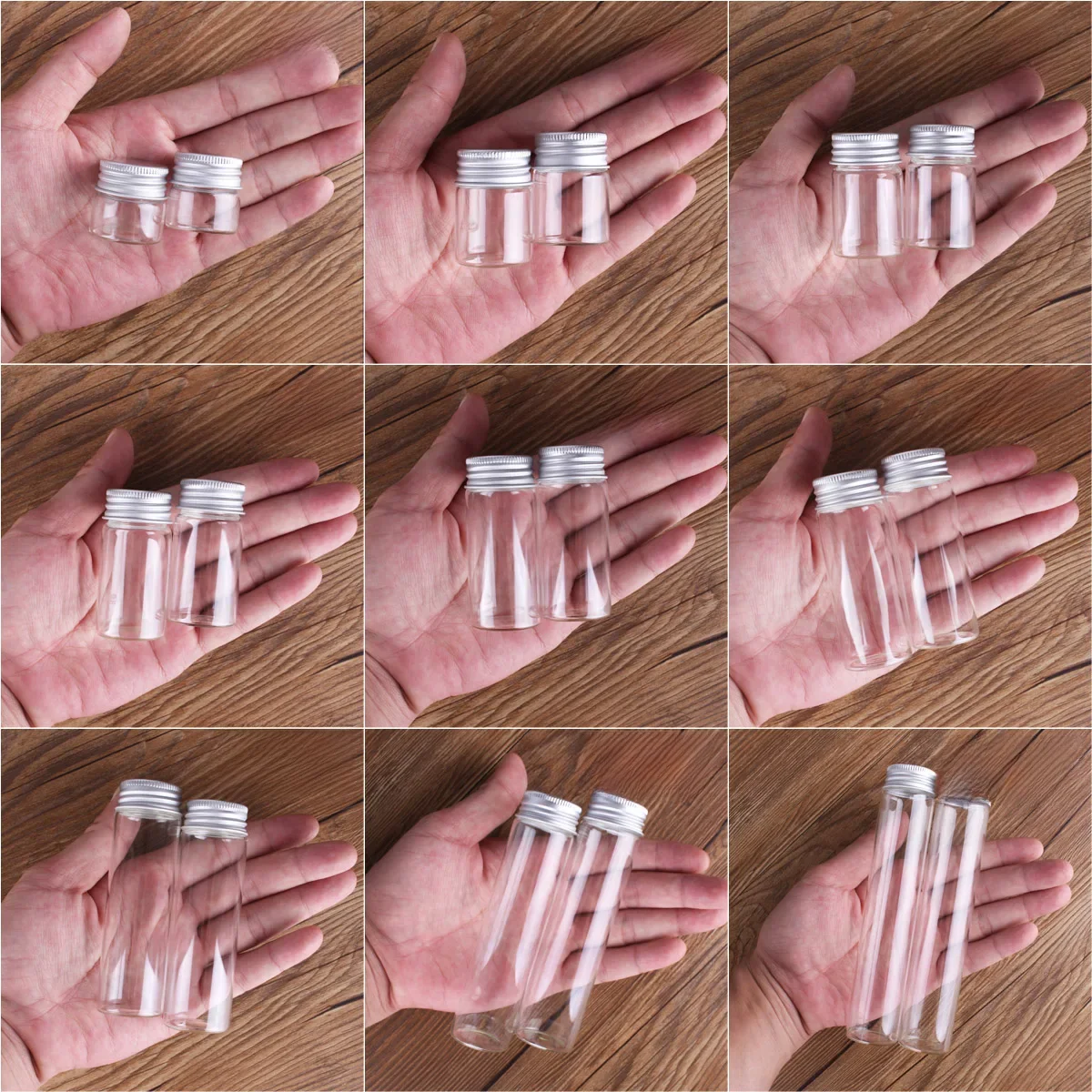24szt/lot 10ml 15ml 20ml 25ml 30ml 40ml 50ml 60ml 80ml 100ml Szklane butelki Słoiki z aluminiowymi pokrywkami na prezenty ślubne Rękodzieło artystyczne — zdjęcie 2