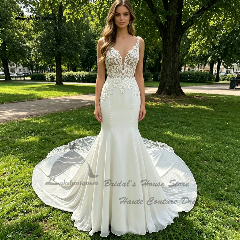 Lakshmigown Civil Lace Boho Meerjungfrauen-Hochzeitskleider 2026 V-Ausschnitt Sexy Brautkleider Chiffon Perlenstickerei Spaghettiträger Maßanfertigung – Detail 5