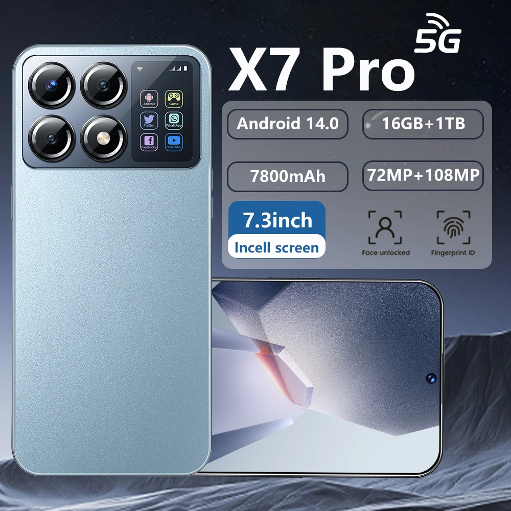 

5G Mobile Phones Global Version 2025 X7 Pro 16G+1T Brand New 7.3Inch Cellphones Android14 7800mAh Battery 108MP Dual SIM Card