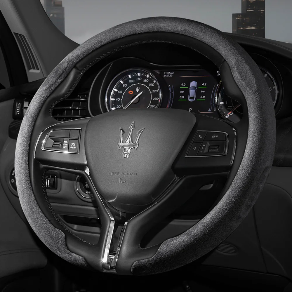 Faux Suede Steering Wheel Cover for Maserati, Integrated Snap-On Design, Ultra-Thin, Non-Slip, Durable, Suitable for Ghibli, Levante, Quattroporte, Grecale, Granturismo, Grancabrio, Mc20, Mc, Pura, Black