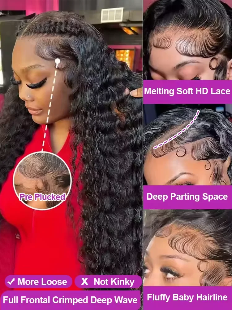Wig Rambut Asli 40 Inch 13x6 Deep Wave Lace Front Wig HD Lace Frontal Wig Pre Plucked Bleached Knots 200% Density Deep Curly Wig