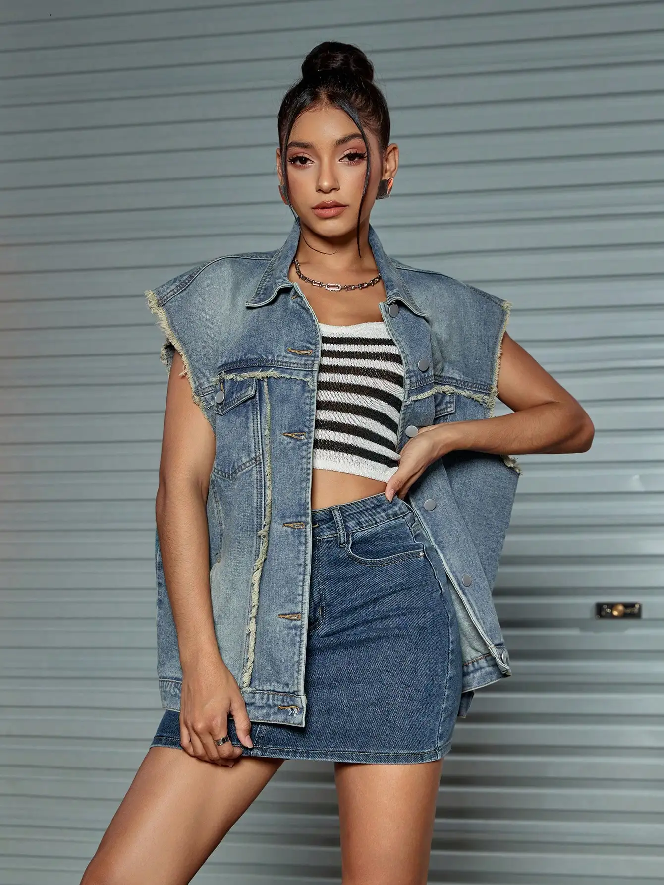 Y2K 스트리트 로우 트림 슬랜트 포켓 루즈핏 싱글 브레스트 데님 조끼 재킷, 용수철 의상